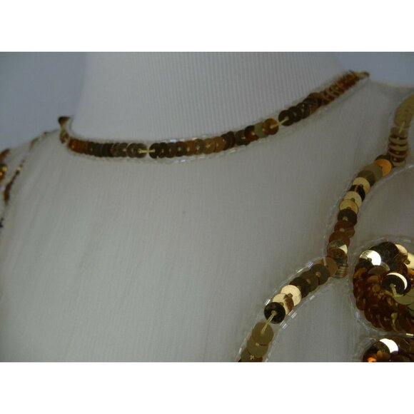 Vintage Stenay Blouse Womans  M 100% Silk Gold Sequin Beaded Top Cream Short Slv - Picture 2 of 12